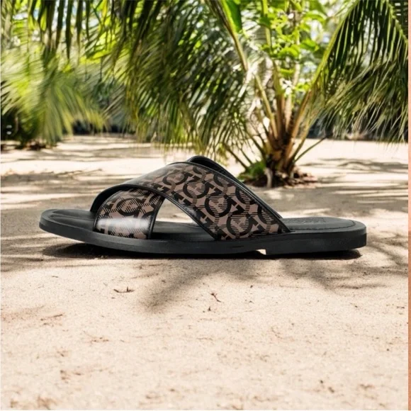 Salvatore Ferragamo SION 3 Logo Print Slide Sandals Size 10 $685